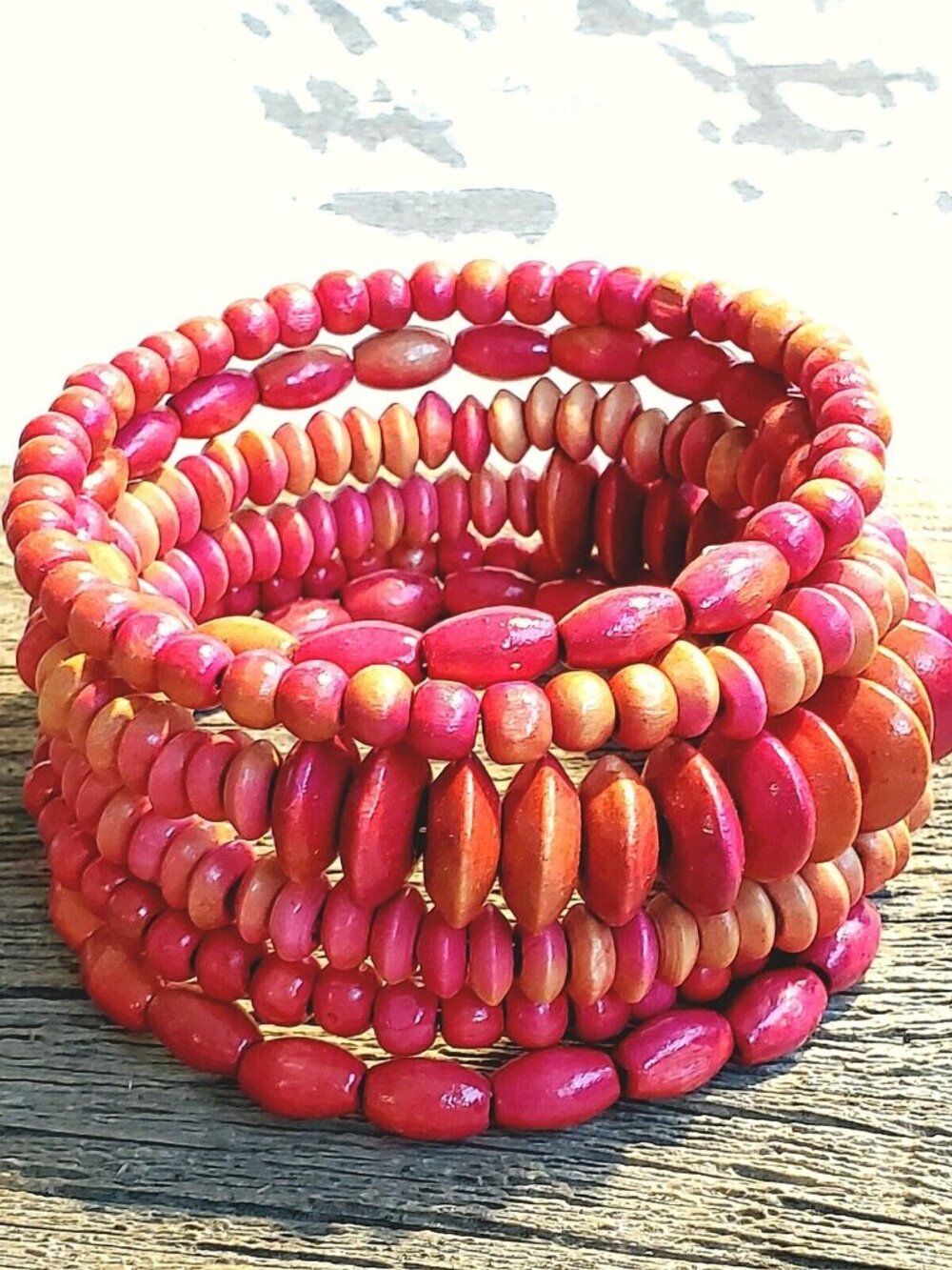 Vintage 90s Bali Sustainable Faded Pink Wood Beads Memory Wire Wrap Bracelet